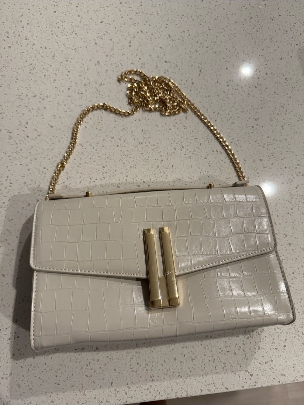 Cream Croc-Embossed Chain Shoulder Bag with Gold Hardware